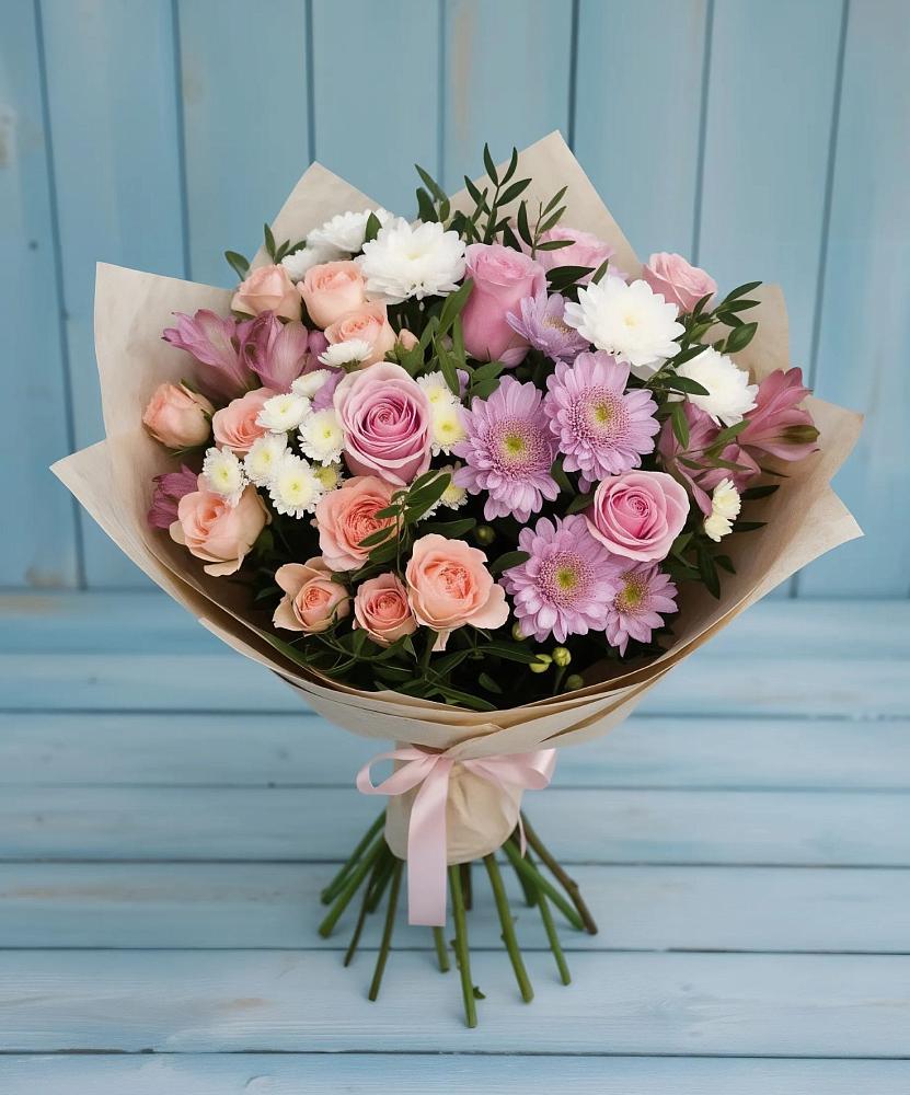 Букет цветов из: Хризантемы, Розы и Альстромерии в Красносельское