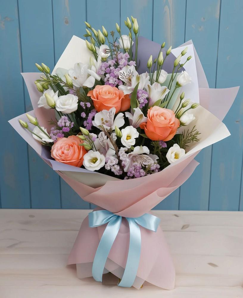 Букет цветов из: Лизиантусы, Розы, Альстромерии и Гипсофила в Красносельское