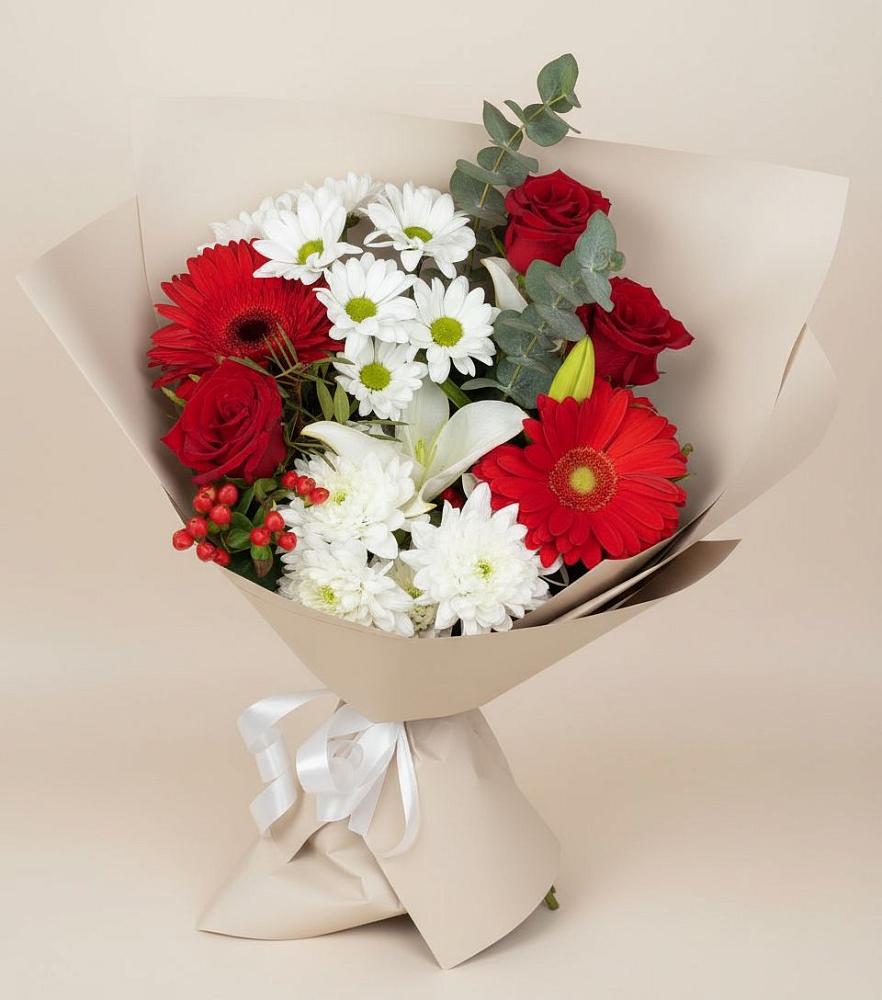 Букет цветов из: Розы, Хризантемы, Герберы и Лилии в Красносельское