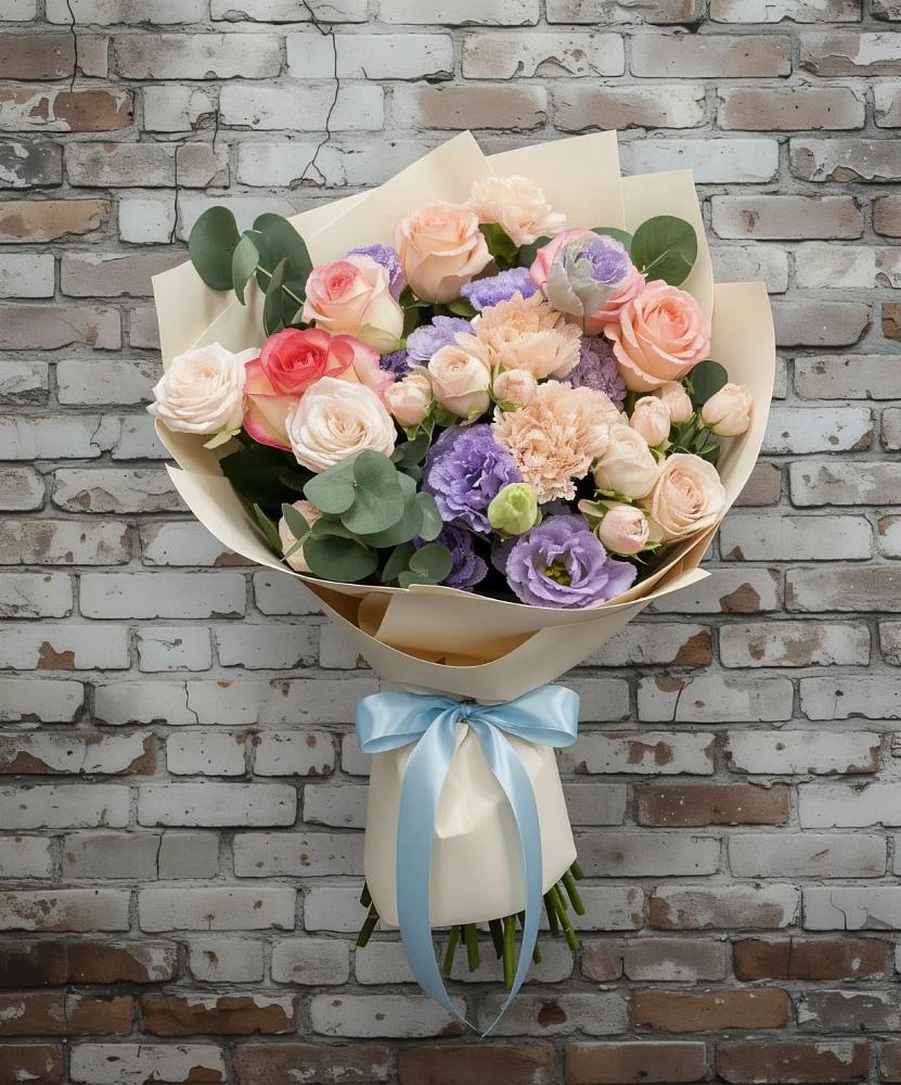 Букет цветов из: Розы, Лизиантусы и Гвоздики в Красносельское